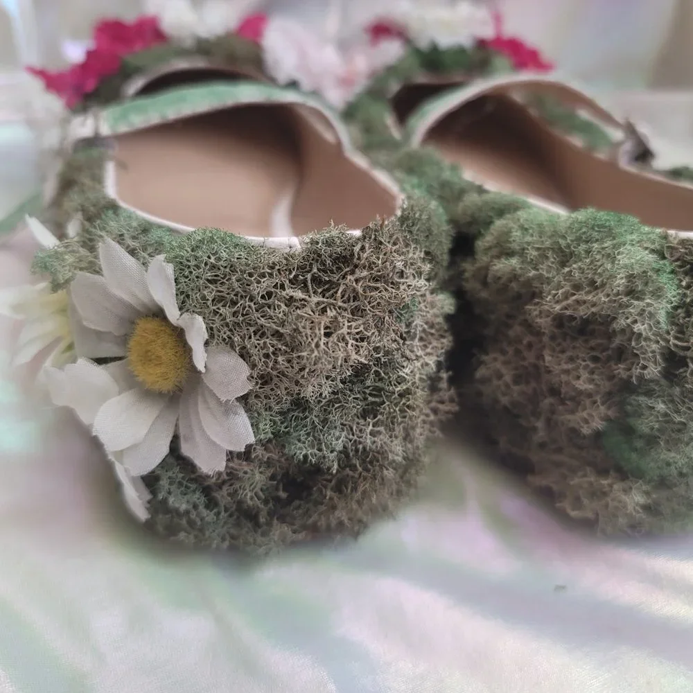 Custom One of a Kind Size 11 Topiary Moss and Flower Flat Mary Jane Shoes OOAK - Picture 6 of 11